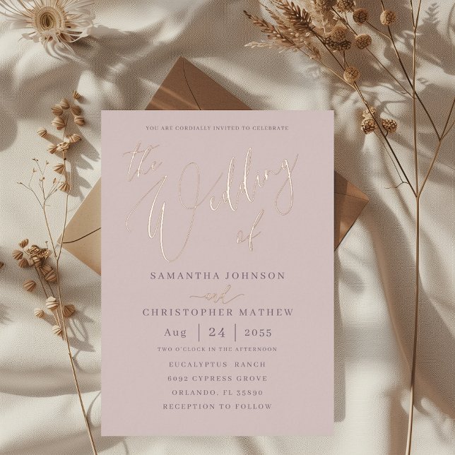 Invitación Con Relieve Metalizado Rosa moderno Boda de caligrafía de oro (Subido por el creador)