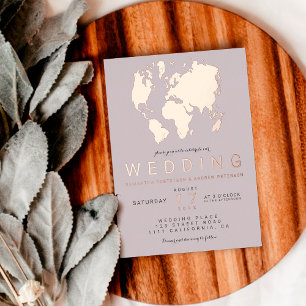 Invitación Con Relieve Metalizado Rosa moderno boda del mapa del mundo del lino dora