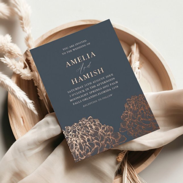 Invitación Con Relieve Metalizado Rosa moderno Boda dorado y floral azul (Subido por el creador)