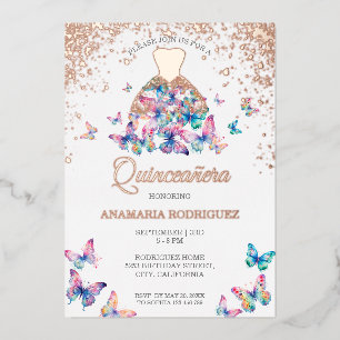 Invitación Con Relieve Metalizado Rosa moderno mariposa de oro gown Relieve metaliza
