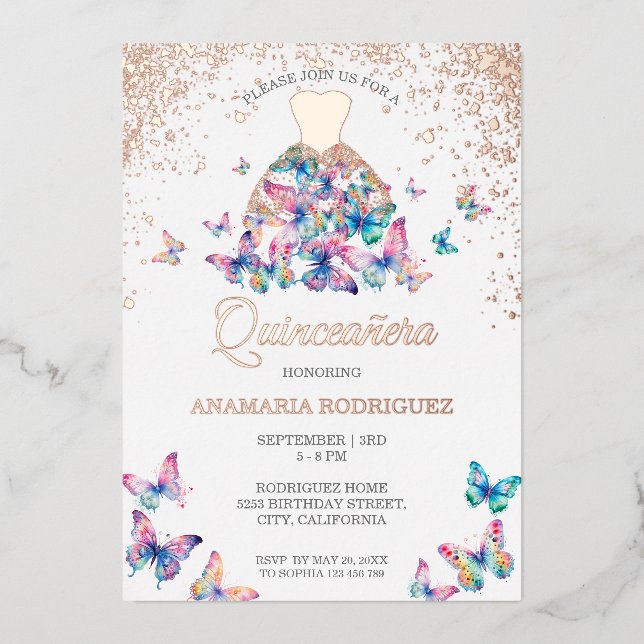Invitación Con Relieve Metalizado Rosa moderno mariposa de oro gown Relieve metaliza (Anverso)