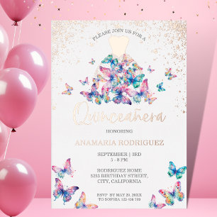 Invitación Con Relieve Metalizado Rosa moderno mariposa de oro gown Relieve metaliza