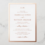 Invitación Con Relieve Metalizado Rosa Monogramado Boda Gold<br><div class="desc">Simple,  elegante y elegante,  esta invitación formal a la boda incluye un elegante borde,  un monograma de novia y novio,  y un elegante guión de caligrafía presionado en un verdadero Relieve metalizado de oro rosa.</div>