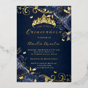 Invitación Con Relieve Metalizado Rosa Naval Floral Gold Swirl Quinceanera