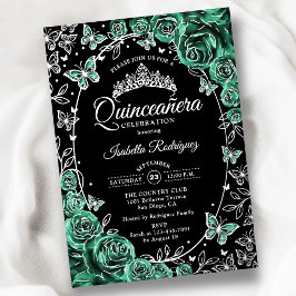 Invitación Con Relieve Metalizado Rosa Negra Plateada Verde Esmeralda Quinceañera