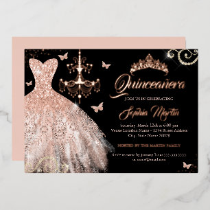 Invitación Con Relieve Metalizado Rosa negro Mariposa de oro Tara Vestido Quinceaner