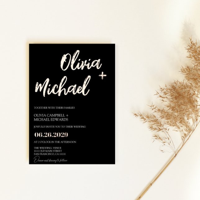 Invitación Con Relieve Metalizado Rosa negro oro moderno Boda de caligrafía de escri (Subido por el creador)