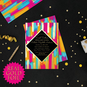 Invitación Con Relieve Metalizado Rosa neón turquesa amarillo dorado pintura con pur
