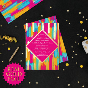 Invitación Con Relieve Metalizado Rosa neón turquesa amarillo dorado pintura con pur