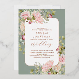 Invitación Con Relieve Metalizado Rosa Oleoide Verde Floral Boda