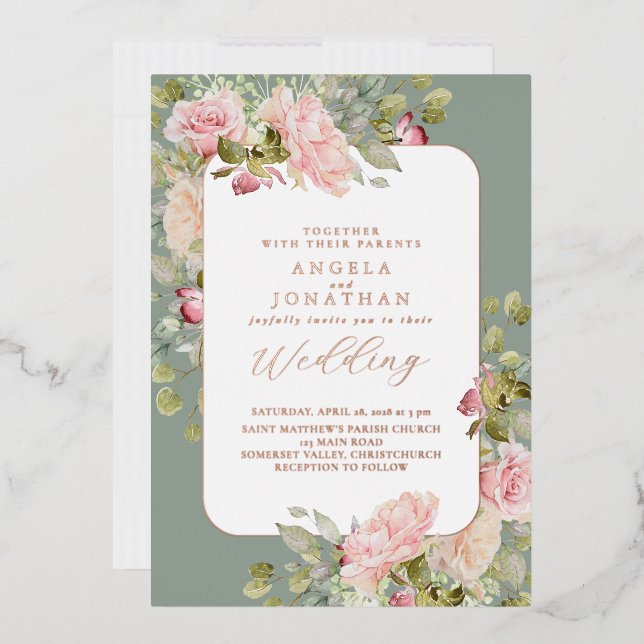 Invitación Con Relieve Metalizado Rosa Oleoide Verde Floral Boda (Sobre)