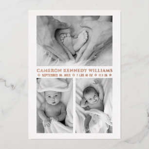 Invitación Con Relieve Metalizado Rosa Oro Blanco 3 Foto Hola bebé recién nacido