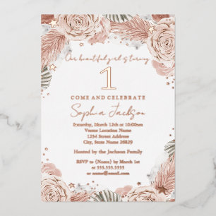 Invitación Con Relieve Metalizado ROSA ORO Boho Rubor Estrella de Mar Playa 1er Cump