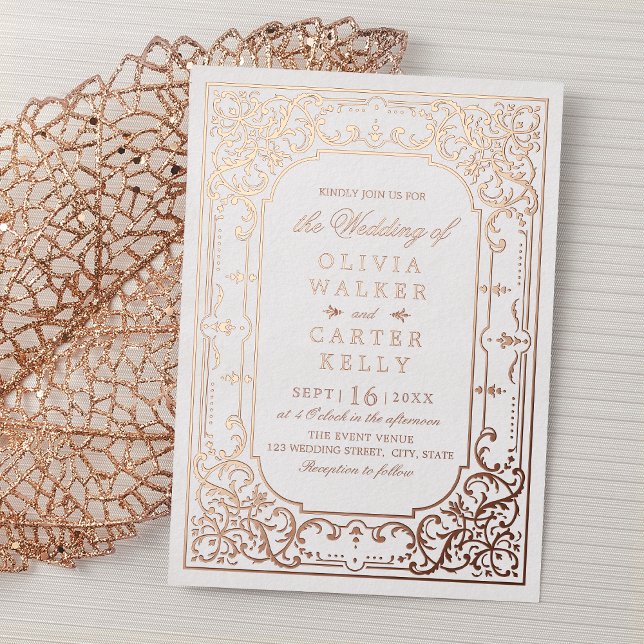 Invitación Con Relieve Metalizado Rosa oro elegante ornamental romántico matrimonio  (Rose gold elegant ornate romantic vintage wedding foil invitation)