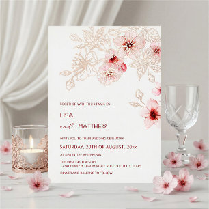 Invitación Con Relieve Metalizado Rosa Oro Flor de Cerezo Casual Boda