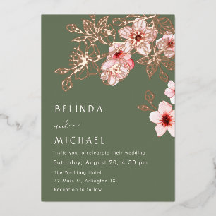 Invitación Con Relieve Metalizado Rosa Oro Flor de Cerezo Casual Boda