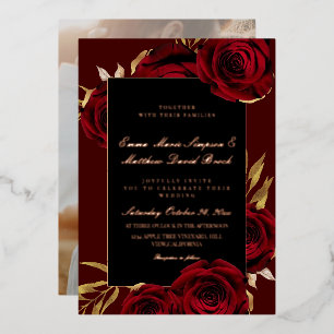Invitación Con Relieve Metalizado Rosa Oro Foil Burdeos Rojo Negro Floral Boda