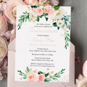 Invitación Con Relieve Metalizado ROSA ORO FOIL Floral Rosa Quinceañera
