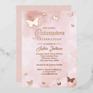 Invitación Con Relieve Metalizado ROSA ORO FOIL Mariposa Rosa Quinceañera