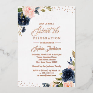 Invitación Con Relieve Metalizado ROSA ORO FOIL Naval Floral Tiara Dulce 16