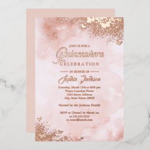 Invitación Con Relieve Metalizado ROSA ORO FOIL Rosa Melocotón Mariposa Quinceañera