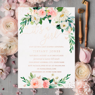 Invitación Con Relieve Metalizado ROSA ORO FOIL Rosado Floral Baby Shower