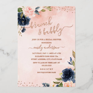 Invitación Con Relieve Metalizado ROSA ORO FOIL Rubor Naval Floral Brunch Y Burbujea
