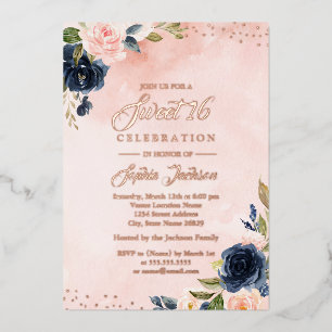 Invitación Con Relieve Metalizado ROSA ORO FOIL Rubor Tiara Floral Naval Dulce 16