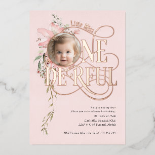 Invitación Con Relieve Metalizado Rosa oro Miss Onederful Girl cumpleaños 1 foto
