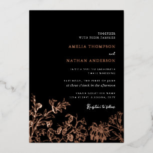 Invitación Con Relieve Metalizado Rosa Oro Negro Floral Vintage Elegante Boda