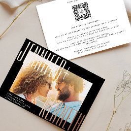 INVITACIÓN CON RELIEVE METALIZADO ROSA ORO NOMBRES NEGRITA FOTO CÓDIGO QR GUARDAR LA