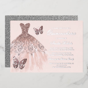Invitación Con Relieve Metalizado ROSA ORO PLATA Vestido de Mariposa Quinceañera  