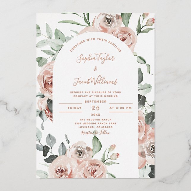 Invitación Con Relieve Metalizado Rosa Oro Polvo Boda de Eucaliptus Floral Rosa (Anverso)