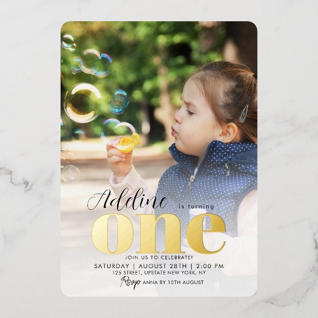 Invitación Con Relieve Metalizado Rosa Oro Primer Fiesta de Cumpleaños UNA Foto (Anverso)