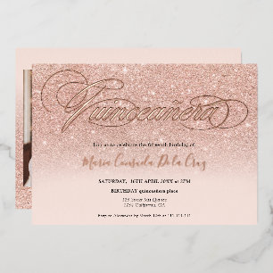 Invitación Con Relieve Metalizado Rosa oro purpurina escritura oscura rosada quincea
