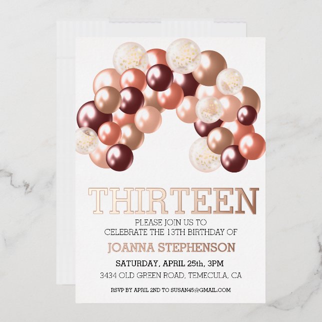 Invitación Con Relieve Metalizado Rosa Oro Real Relieve metalizado 13 Arco de Globo  (Sobre)