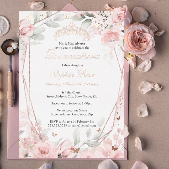Invitación Con Relieve Metalizado Rosa Oro Rubor Mariposa Floral Rosa Quinceanera (Subido por el creador)