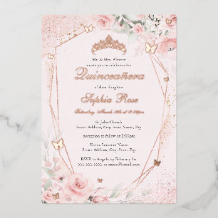 Invitación Con Relieve Metalizado Rosa Oro Rubor Mariposa rosa Floral Quinceanera