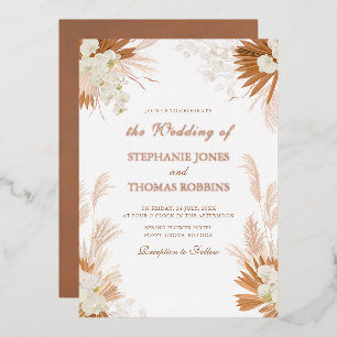 Invitación Con Relieve Metalizado Rosa Oro Terracota Pampas Boda de orquídeas de hie