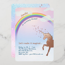 Invitación Con Relieve Metalizado Rosa Oro Unicornio Arcoiris Purpurina cumpleaños m