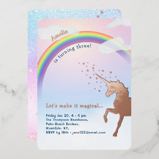 Invitación Con Relieve Metalizado Rosa Oro Unicornio Arcoiris Purpurina cumpleaños m