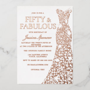Invitación Con Relieve Metalizado Rosa Oro Vestido Cincuenta y fabuloso cumpleaños 5