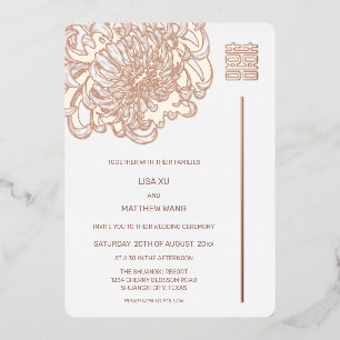Invitación Con Relieve Metalizado Rosa Peony Oro Boda chino blanco