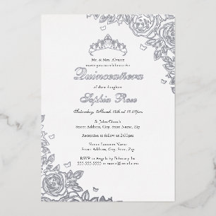Invitación Con Relieve Metalizado Rosa Plata Floral Quinceanera Cumpleaños