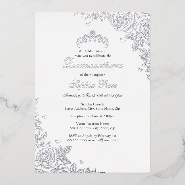 Invitación Con Relieve Metalizado Rosa Plata Floral Quinceanera Cumpleaños (Anverso)