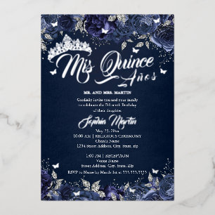 Invitación Con Relieve Metalizado Rosa plateada de la Marina Mis Quince Quinceañera