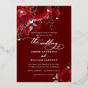 Invitación Con Relieve Metalizado Rosa Plateada Roja Mariposa Brillante Boda 