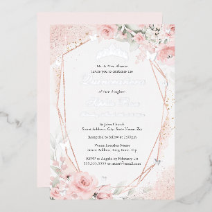 Invitación Con Relieve Metalizado Rosa Plateado Flor de Mariposa Quinceañera