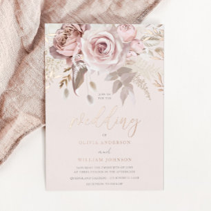 Invitación Con Relieve Metalizado Rosa Polvo Rosa Floral Otoño Boda Rose Gold