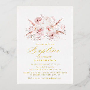 Invitación Con Relieve Metalizado rosa polvorienta flor de pampas cruz bautismo